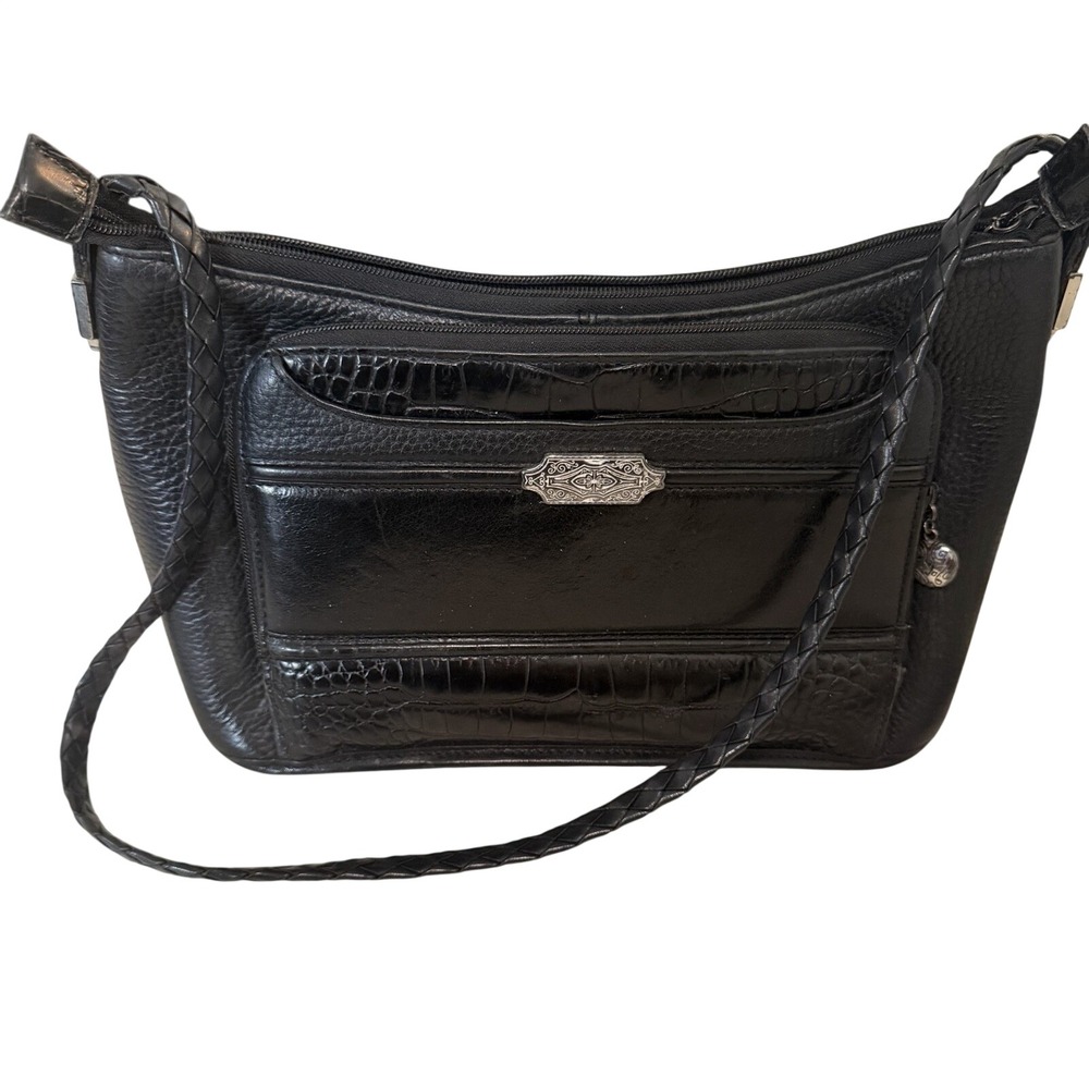 Brighton Black Leather Organizer Shoulder Bag Croc Embossed Purse‎ Medium
